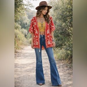 Solitaire Coral & White Floral Embroidered Boho Top Cardigan style/open front